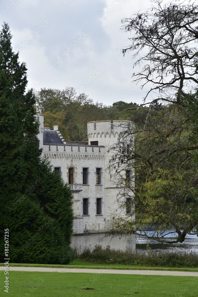 Derrière les arbres , les pierres calcaires du château médiéval de Bouchout baignant dans l'étang principal du Jardin Botanique National à Meise