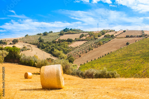 Italy Landscape View with Clouds on Blue sky, Italian Fields with Hay Bales
