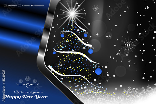 Vector Happy New Year poster in the metal blue frame with Christmas tree, blue balls, radiance and snowfall.