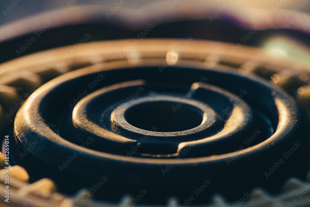 Part of the complex mechanism is close-up. Part of the complex mechanism is close-up.