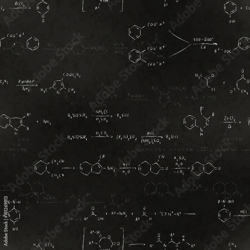 Basic chemical reaction equations and formulas, chalk lettering on school blackboard seamless pattern