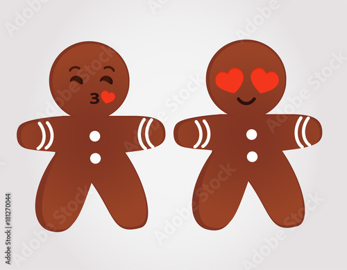 Emoticons gingerbread men in love and sending kisses. Christmas vector.