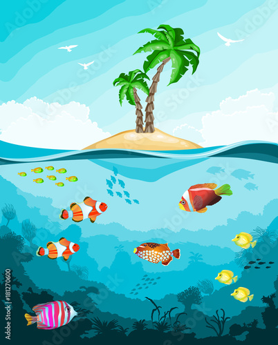 Underwater world with fish and tropical island
