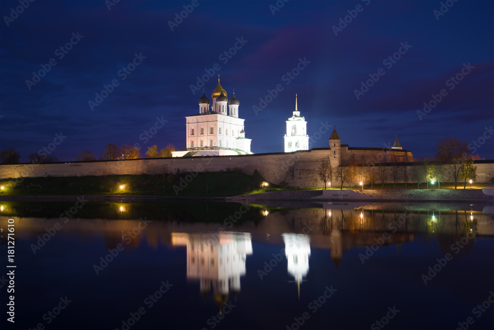 The Pskov Kremlin on the October night. Russia