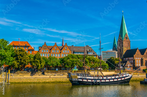 Weser riverside dominated by sankt martini church in Bremen, Germany.