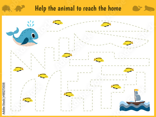 Maze game. Educational children cartoon game for children of preschool age. Help to find the way home in the sea the whale and feed him fish. Vector