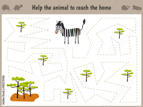 Cartoon illustration of education. Matching game for preschoolers to hold the animal the Zebra home to sovanna. All pictures are isolated on white background. Vector