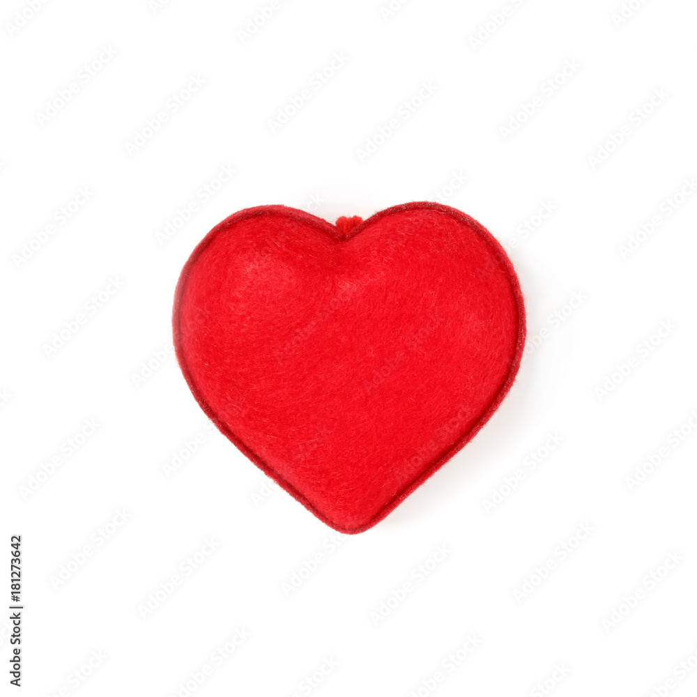 red textile heart on a white background isolated, valentines day holiday concept flat lay