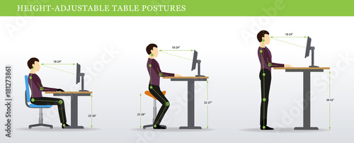 Height Adjustable and Standing Desks correct poses. Ergonomics healthy postures.
