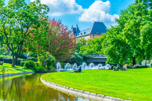 View of a park in front of the hanseatic courthouse in Hamburg, Germany. photo