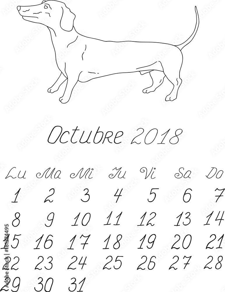 Creative vector free hand drawn doodle monthly spanish calendar template  for year 2018 with illustration of different dogs pedigrees. Lettering,  typeface. October, badger dog. Editable. Stock Vector | Adobe Stock