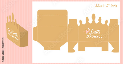 Gift box - gold crown shape. Vector template for handmade and laser cutting. Can be used for little princess party. Birthday, baby and bridal shower, wedding candy bar ( table, buffet) Print and cut.