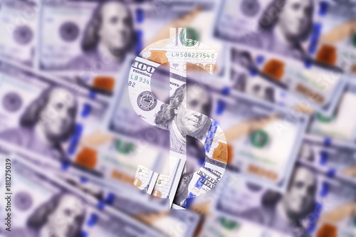 Hundreds american dollars closeup. Blurred background with dollar sign
