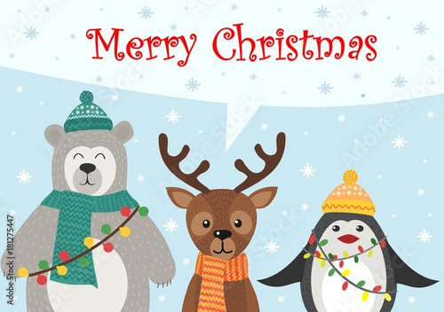 Wallpaper Mural Greeting card with Christmas and new year. Christmas animals greetings. In the style of children's cartoons. Torontodigital.ca