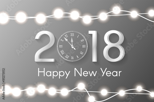 White New Year 2018 concept with realistic Christmas lights on sparkles background. Vector greeting card illustration with gold numbers and vintage clock