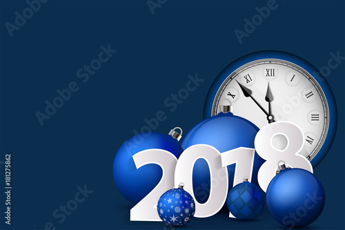 Xmas and New Year 2018 concept. Blue christmas balls with silver holders and vintage watch. Set of isolated realistic objects. Vector illustration