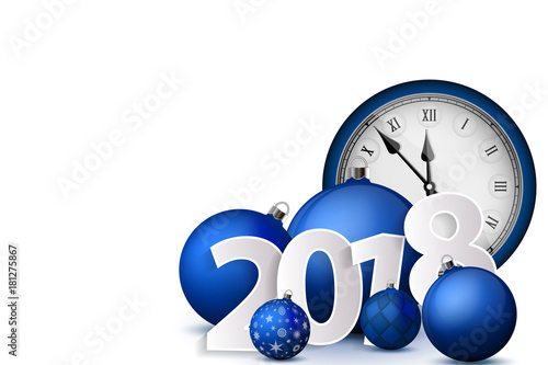 Xmas and New Year 2018 concept. Blue christmas balls with silver holders and vintage watch. Set of isolated realistic objects. Vector illustration
