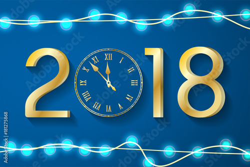 Blue New Year 2018 concept with realistic Christmas lights on sparkles background. Vector greeting card illustration with gold numbers and vintage clock