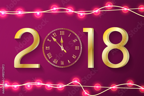 Purple New Year 2018 concept with realistic Christmas lights on sparkles background. Vector greeting card illustration with gold numbers and vintage clock