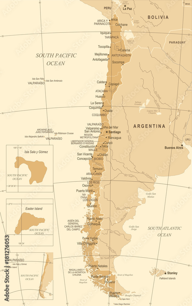 Obraz premium Chile Map - Vintage Detailed Vector Illustration