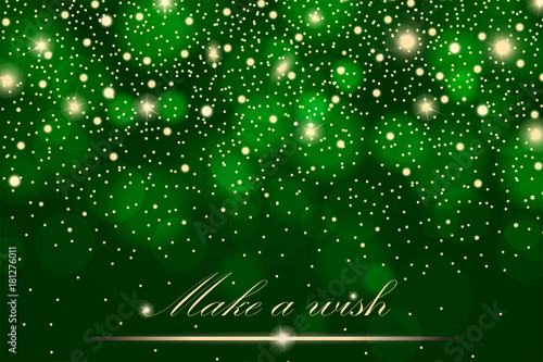 Vector gold glitter particles background effect for luxury greeting rich card. Sparkling texture. Star dust sparks in explosion on green background. Vector illustration