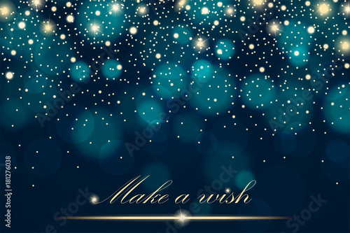 Vector gold glitter particles background effect for luxury greeting rich card. Sparkling texture. Star dust sparks in explosion on blue background. Vector illustration