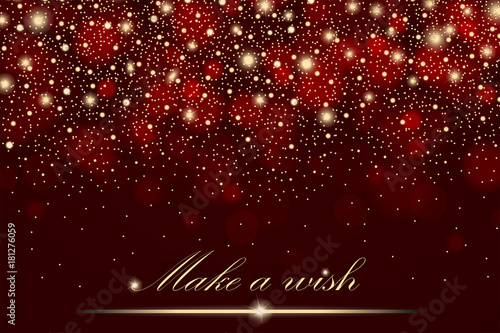 Vector gold glitter particles background effect for luxury greeting rich card. Sparkling texture. Star dust sparks in explosion on red background. Vector illustration