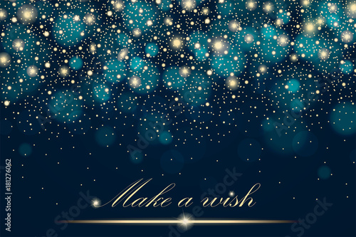 Vector gold glitter particles background effect for luxury greeting rich card. Sparkling texture. Star dust sparks in explosion on blue background. Vector illustration