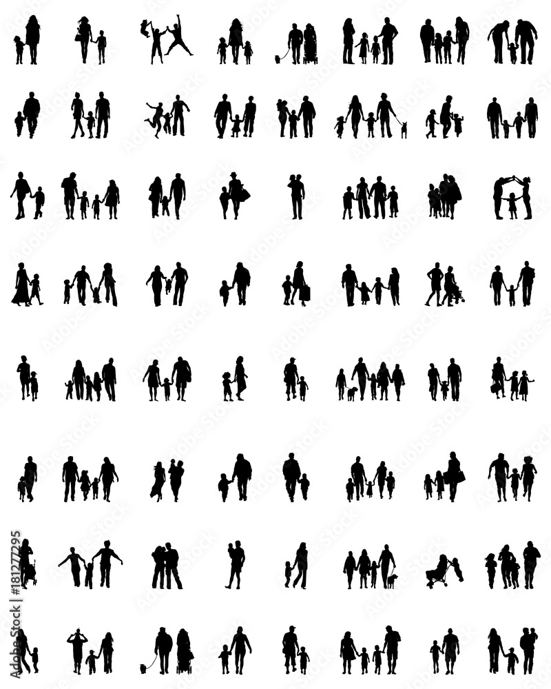 Black silhouettes of families in walking on a white background