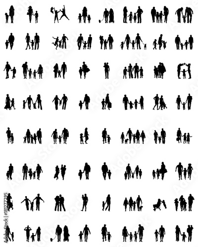 Black silhouettes of families in walking on a white background