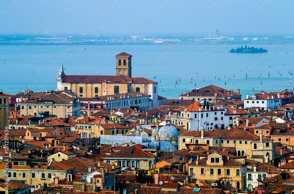 Aerial view of Venice. Houses, sea and palaces from San Marco tower