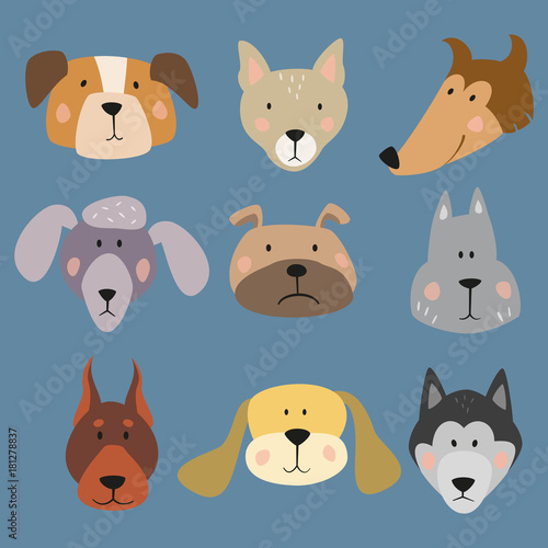 Set of funny cartoon dogs on blue background.