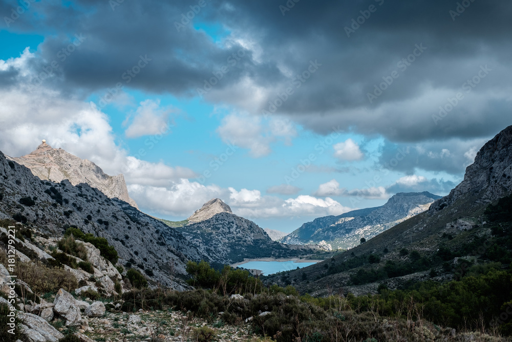 Pointed mountains and lake. Mallorca. Tramuntana.