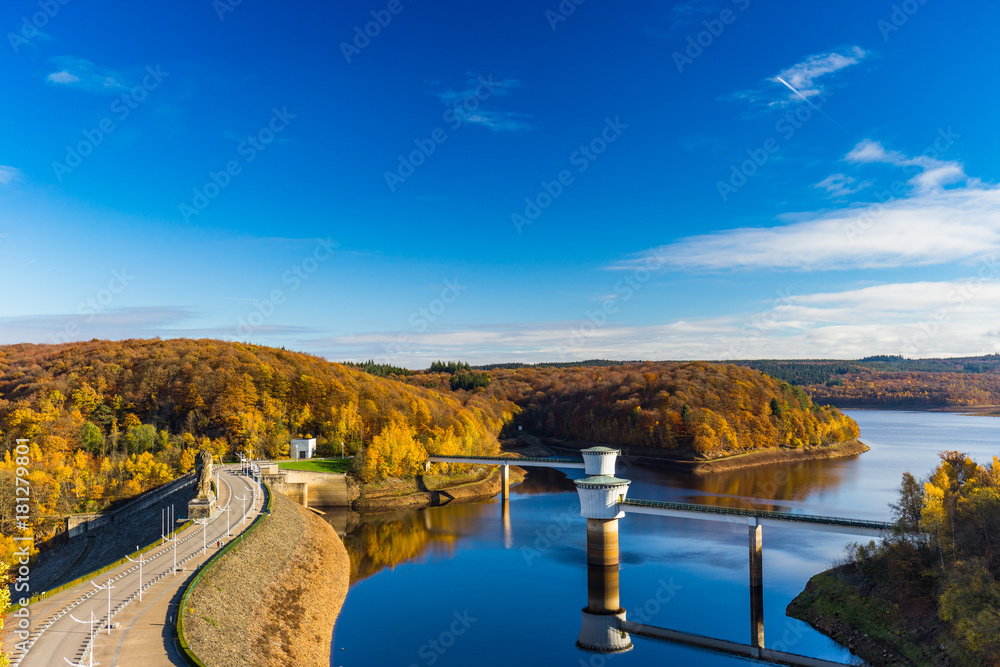 View of Gileppe Dam, an arch-gravity dam and its two 2.8m wells on the Gileppe river in Jalhay, Liege province, Wallonia, Belgium