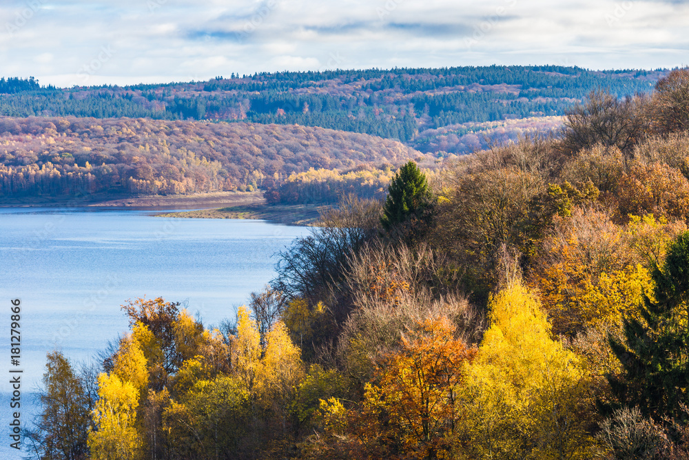 Banks of Gileppe lake with colorful foliage on trees, Belgian Ardennes, Liege province
