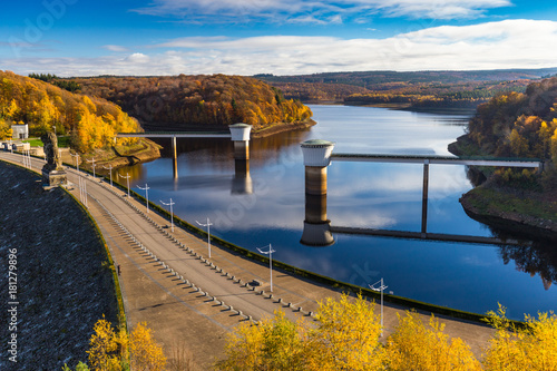 View of Gileppe Dam, an arch-gravity dam and its two 2.8m wells on the Gileppe river in Jalhay, Liege province, Wallonia, Belgium