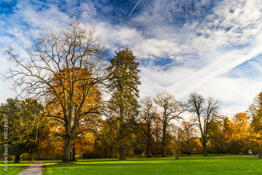 Naklejka premium Park in the Val-Dieu (Valley of God) Abbey, a former Cistercian monastery in the Berwinne valley near Aubel in the Land of Herve (province of Liege, Belgium) in autumn