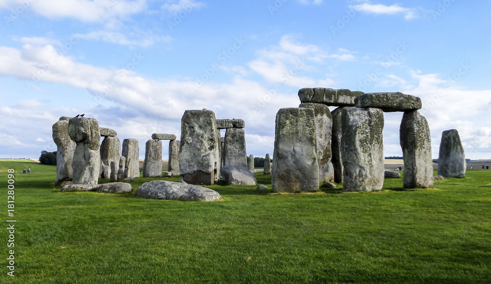 Stonehenge prehistoric monument,  blue sky - Wiltshire, Salisbury, England, UK