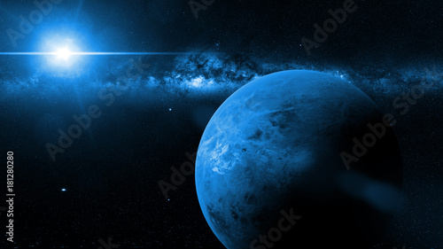 Fototapeta Naklejka Na Ścianę i Meble -  planet Venus in front of the Milky Way galaxy and a bright blue star