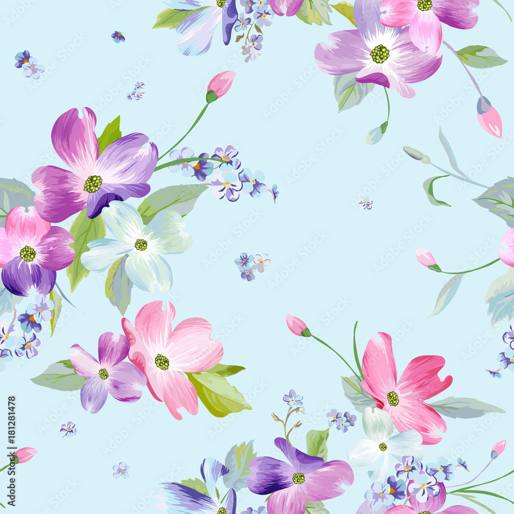 Spring Flowers Seamless Pattern. Watercolor Floral Background for Wedding Invitation, Fabric, Wallpaper, Textile. Botanical Hand Drawn Texture. Vector illustration