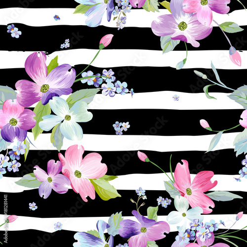 Spring Flowers Seamless Pattern. Watercolor Floral Background for Wedding Invitation, Fabric, Wallpaper, Print. Botanical Hand Drawn Texture. Vector illustration