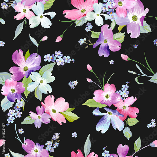 Spring Flowers Seamless Pattern. Watercolor Floral Background for Wedding Invitation, Fabric, Wallpaper, Textile. Botanical Hand Drawn Texture. Vector illustration