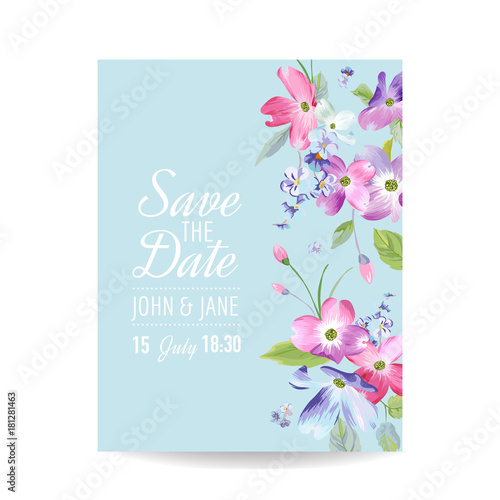 Wedding Invitation Template with Spring Dogwood Flowers. Romantic Floral Greeting Card for Celebration. Watercolor Botanical Design. Vector illustration