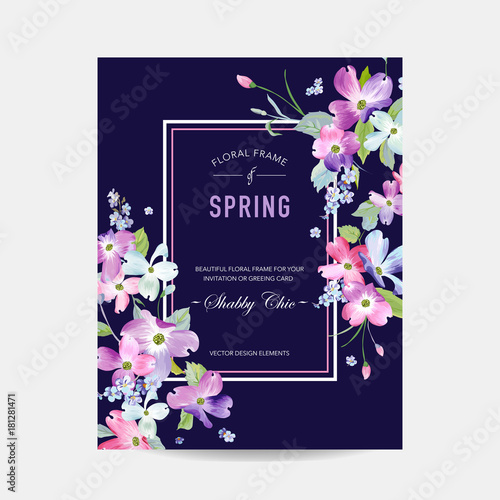 Blooming Spring and Summer Floral Frame. Watercolor Dogwood Flowers for Invitation, Wedding, Baby Shower Card in Vector