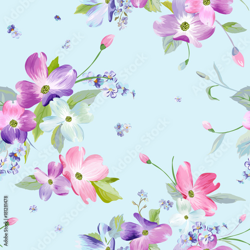 Spring Flowers Seamless Pattern. Watercolor Floral Background for Wedding Invitation  Fabric  Wallpaper  Textile. Botanical Hand Drawn Texture. Vector illustration