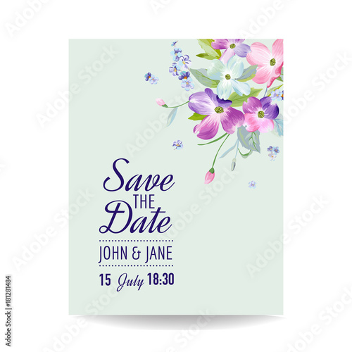 Wedding Invitation Template with Spring Dogwood Flowers. Romantic Floral Greeting Card for Celebration. Watercolor Botanical Design. Vector illustration © wooster