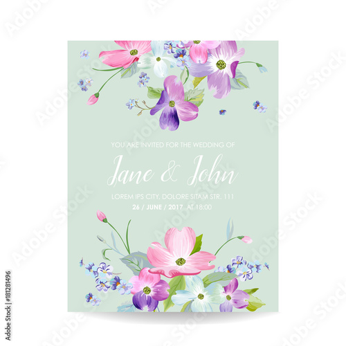 Wedding Invitation Template with Spring Dogwood Flowers. Romantic Floral Save the Date Greeting Card for Celebration. Watercolor Botanical Design. Vector illustration