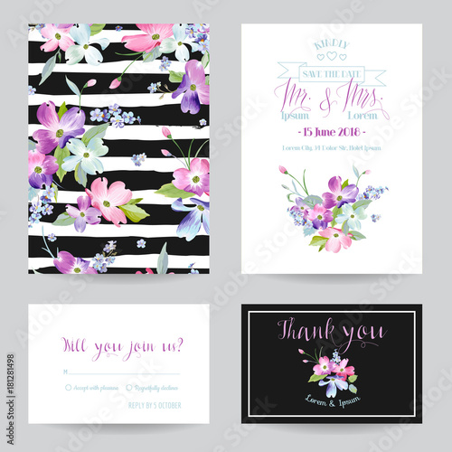 Save the Date Wedding Invitation Template with Spring Dogwood Flowers. Romantic Floral Greeting Card Set for Celebration. Watercolor Botanical Design. Vector illustration