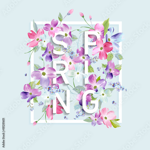 Floral Spring Graphic Design with Dogwood Blossom Flowers for Fashion Print, Poster, T-shirt, Banner, Greeting Card, Invitation. Vector illustration