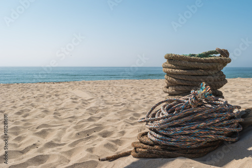 Ropes used for artisanal trawling fishing. Ropes for the Arte Xavega fishing technique on the beach of Paramos, Espinho, Portugal. Typical in this region of Portugal. photo
